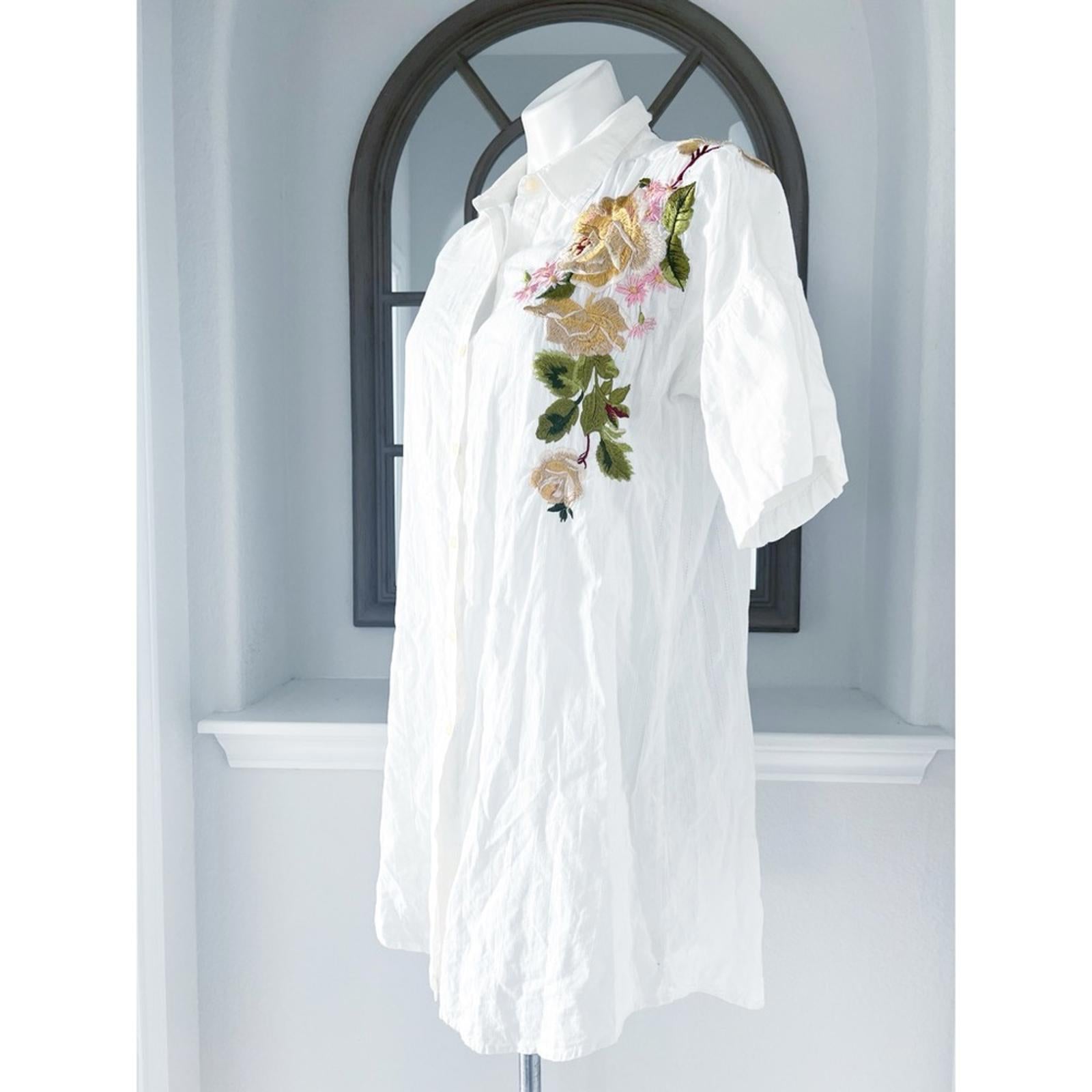 3J by Johnny Was Button Front Shirtdress with Floral Embroidery, White Size L