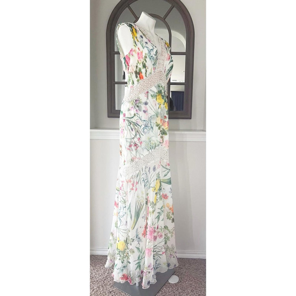 Tadashi Shoji Floral Pleat Chiffon Trumpet Gown White Floral, Size 10 NWT $588