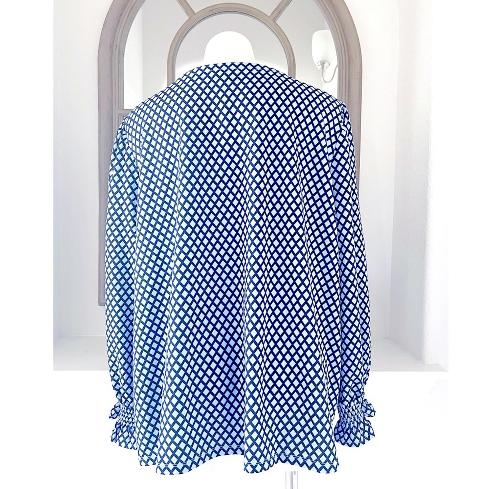 Talbots Smocked Cuff Blouse Trellis Print in Blue, Plus Size 3X NEW w/o Tag