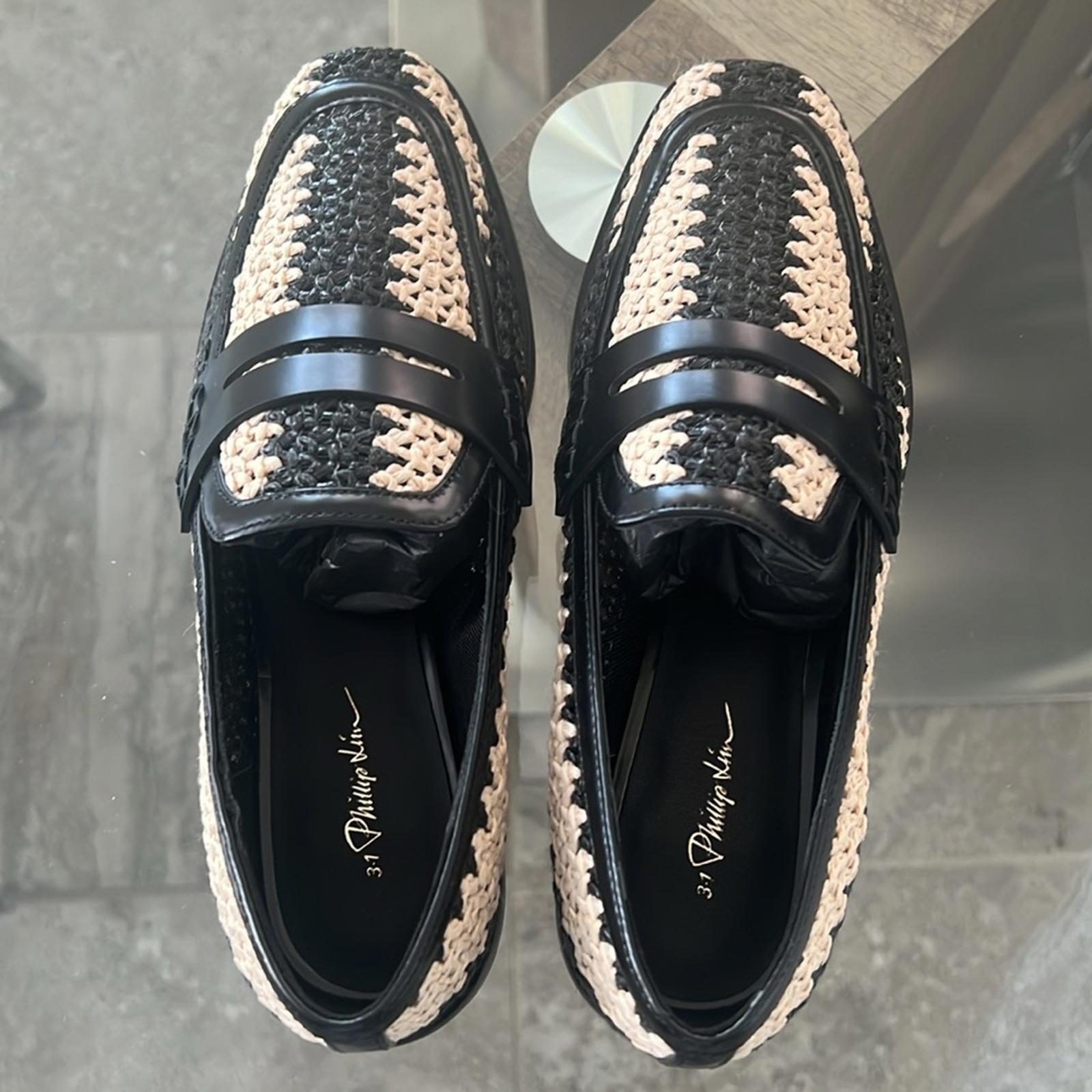 3.1 Phillip Lim Alexa Raffia & Leather Penny Loafers, White/Black, Size 36