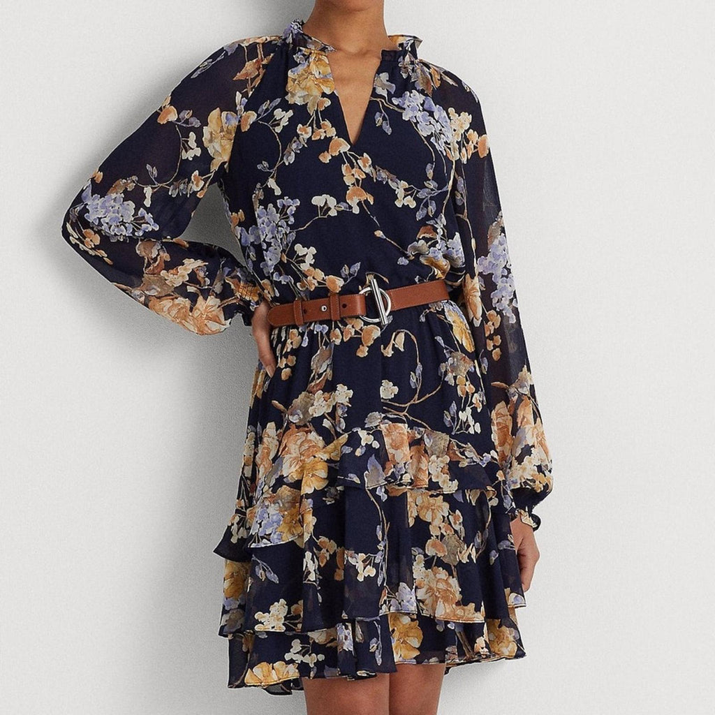 Lauren Ralph Lauren Floral Belted Crinkle Georgette Dress, Plus Size 22W NWT