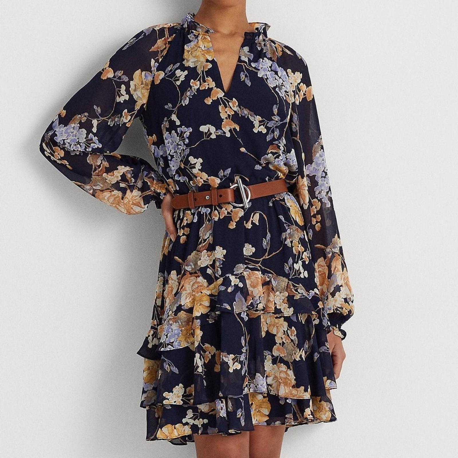 Lauren Ralph Lauren Floral Belted Crinkle Georgette Dress, Plus Size 22W NWT