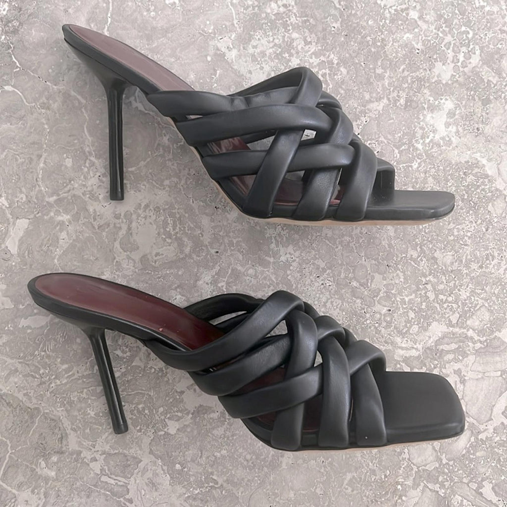New STAUD Deepwater Square Toe Woven Strappy High Heel Sandals, Black Size 39.5