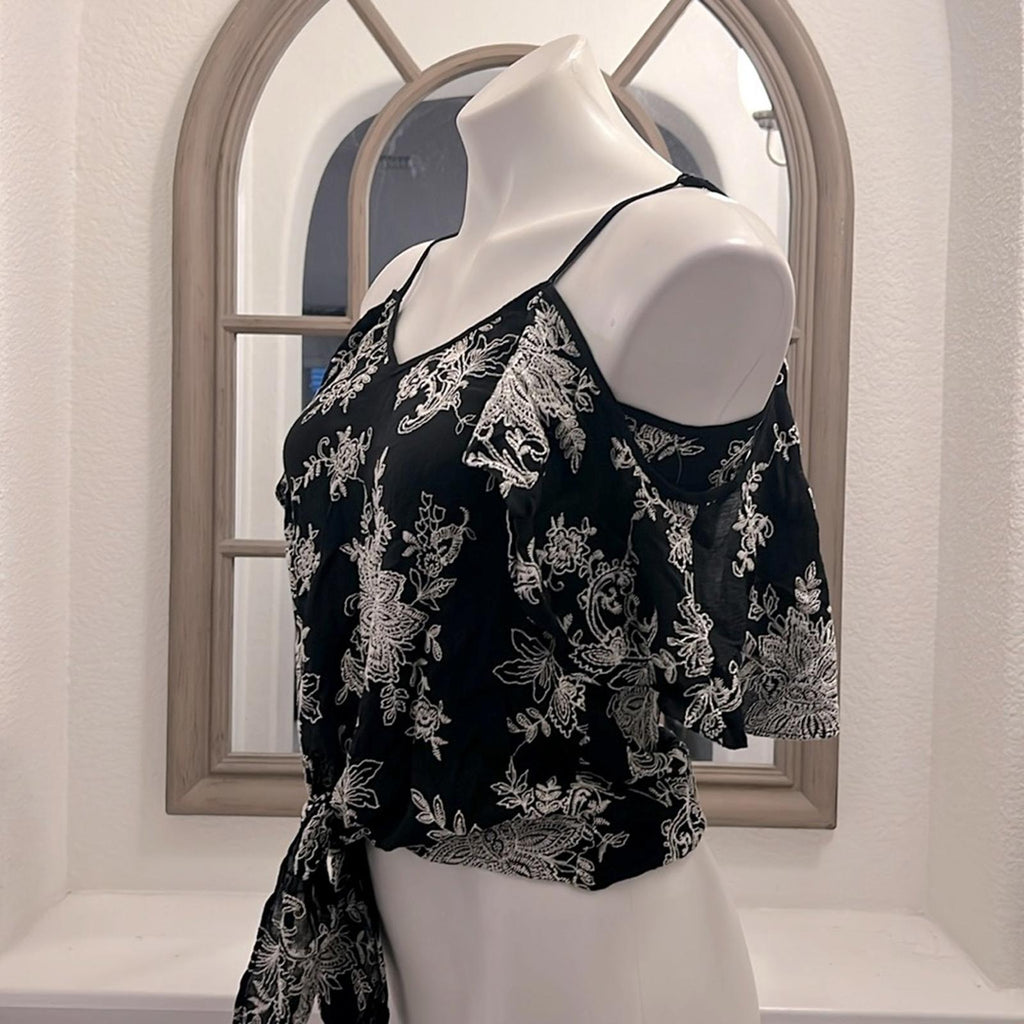 Karen Kane Casablanca Tie-Front Ruffle Sleeve Top, Black & White Size XS NWT