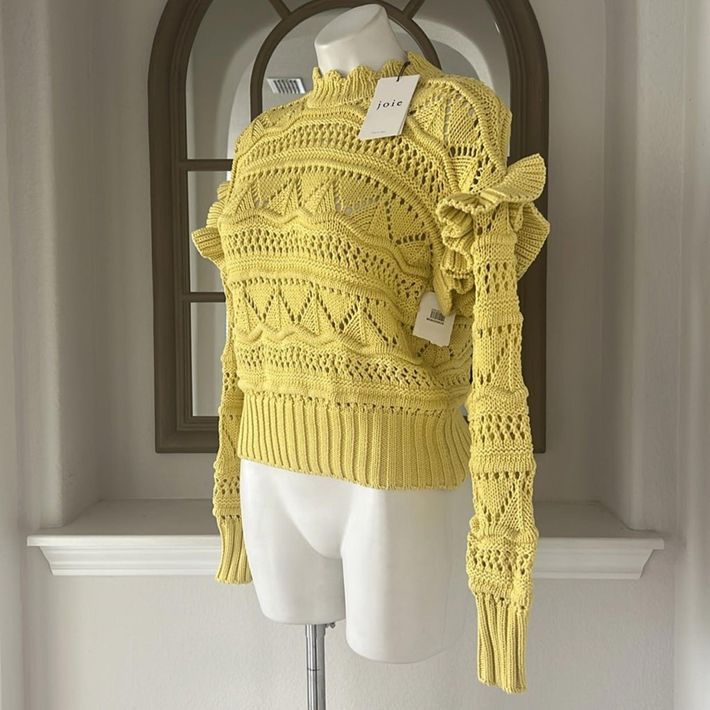 Joie Hockley Scalloped Neck Ruffle Sweater in Canary Yellow, Size XS Retail $278