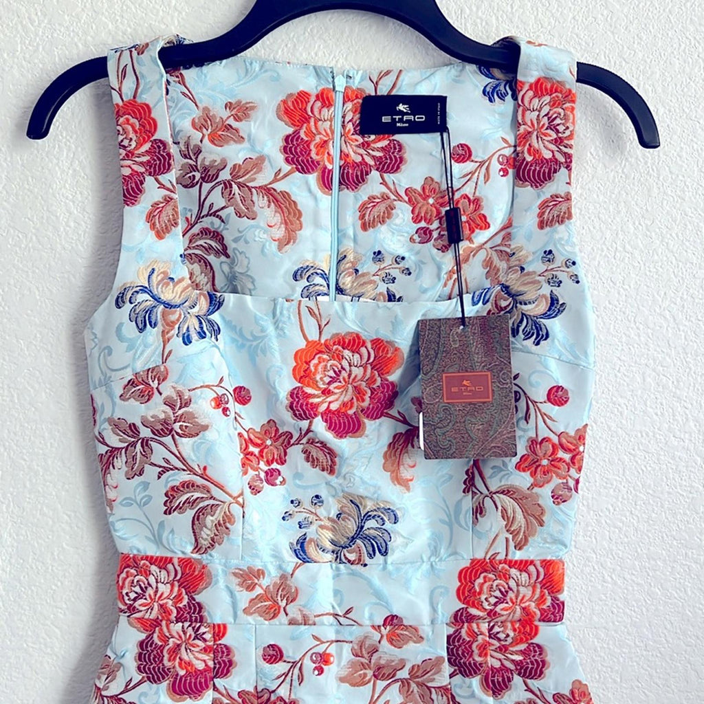 Etro Jacquard Floral Sheath Dress in Pale Blue Multi, Size 36, NEW $2300