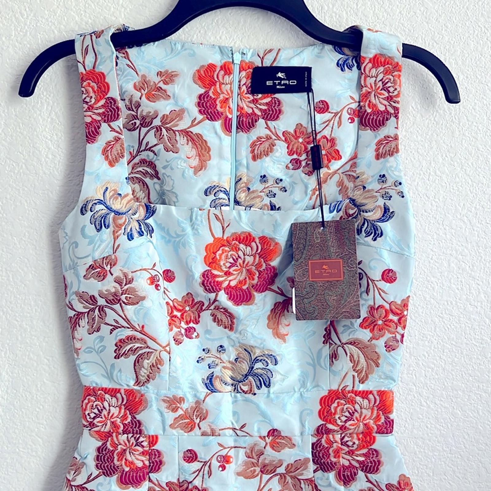 Etro Jacquard Floral Sheath Dress in Pale Blue Multi, Size 36, NEW $2300