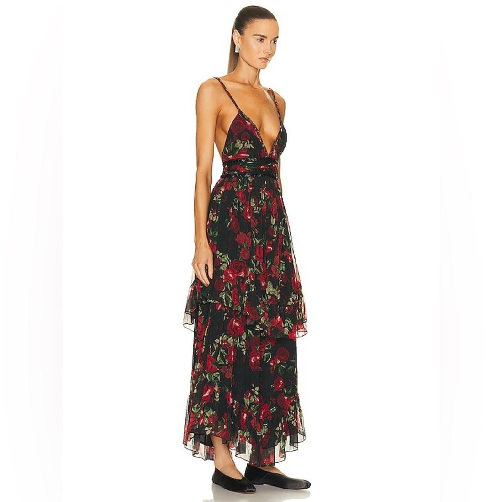 Rococo Sand Tiered Maxi Dress in Black/Red Roses, NWT, Size XS Retail $478