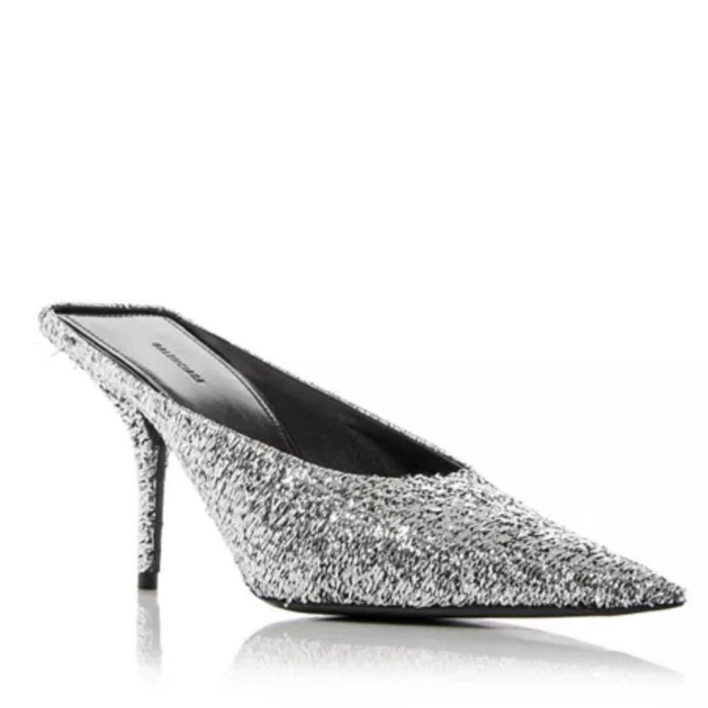 Balenciaga Knife Glitter High Heel Mules in Silver Titanium Size 37 New +DustBag