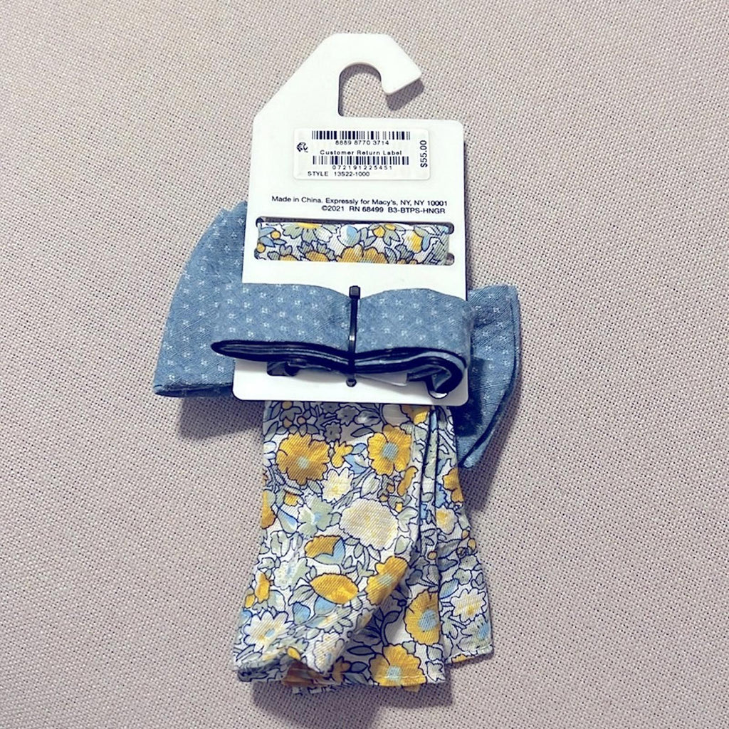Bar III Bowtie & Pocket Square, Blue Diamond & Floral Style 13S22-1000 New w/Tag