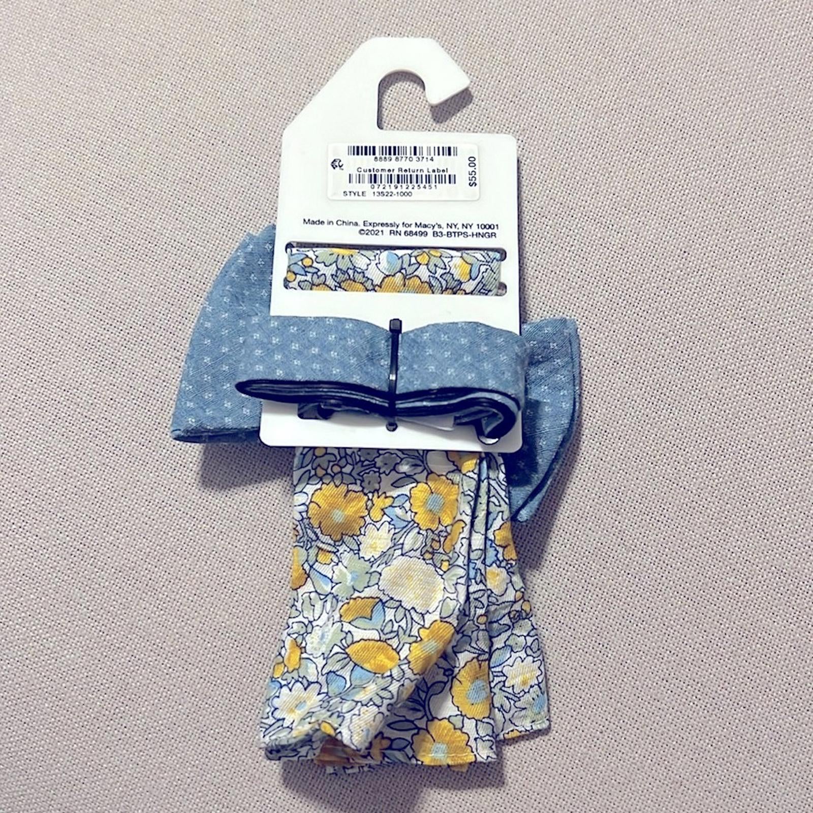 Bar III Bowtie & Pocket Square, Blue Diamond & Floral Style 13S22-1000 New w/Tag