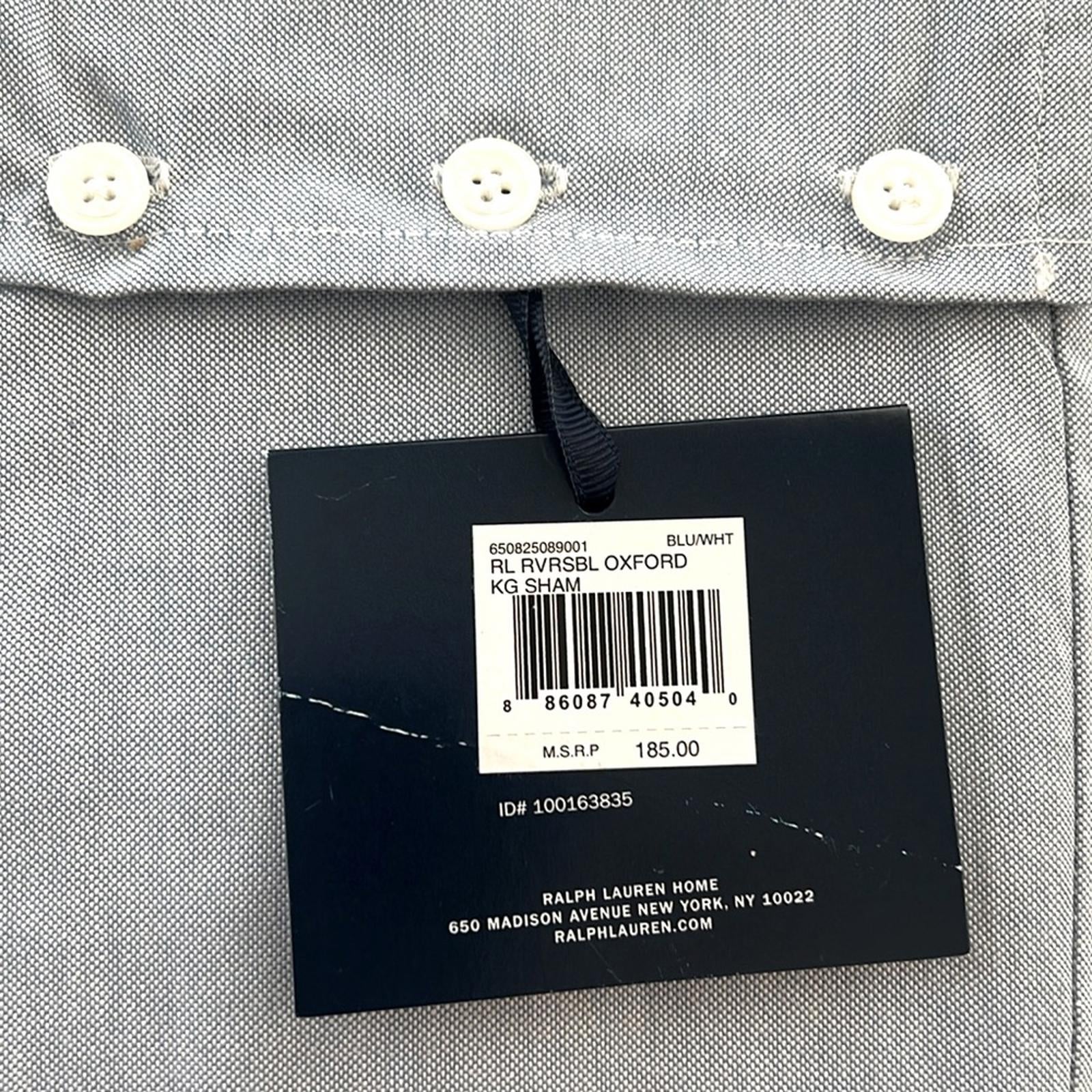 Ralph Lauren Oxford Reversible Cotton Sham, King New w/Tag Retail $185