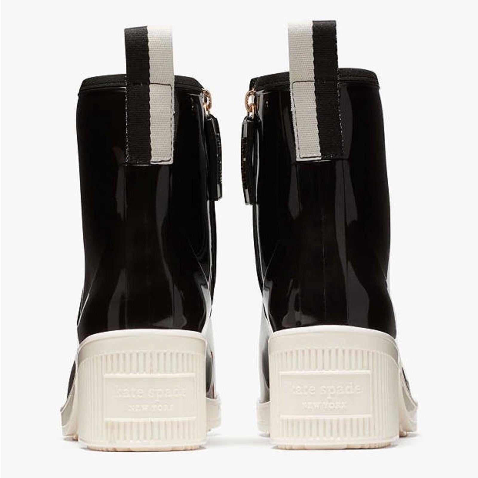 Kate Spade Puddle Rain Booties in Black/Parchment, Size 6 New in Box
