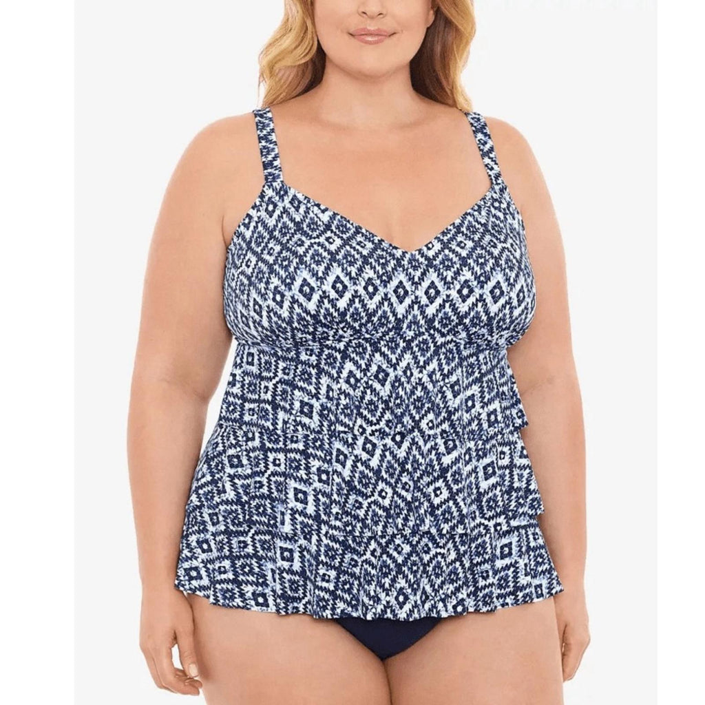 Swim Solutions Tile Island Navy Triple-Tier Fauxkini One-Piece Swimsuit, 22W NWT