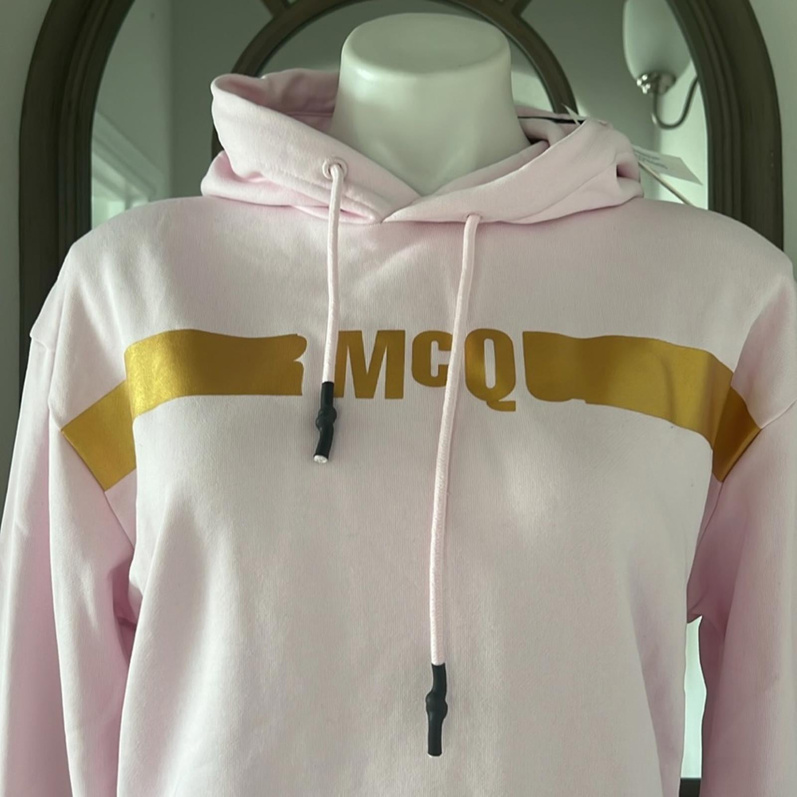 MCQ Alexander McQueen Logo Hologram Hoodie in Pink/Gold, Size S, New with Tag