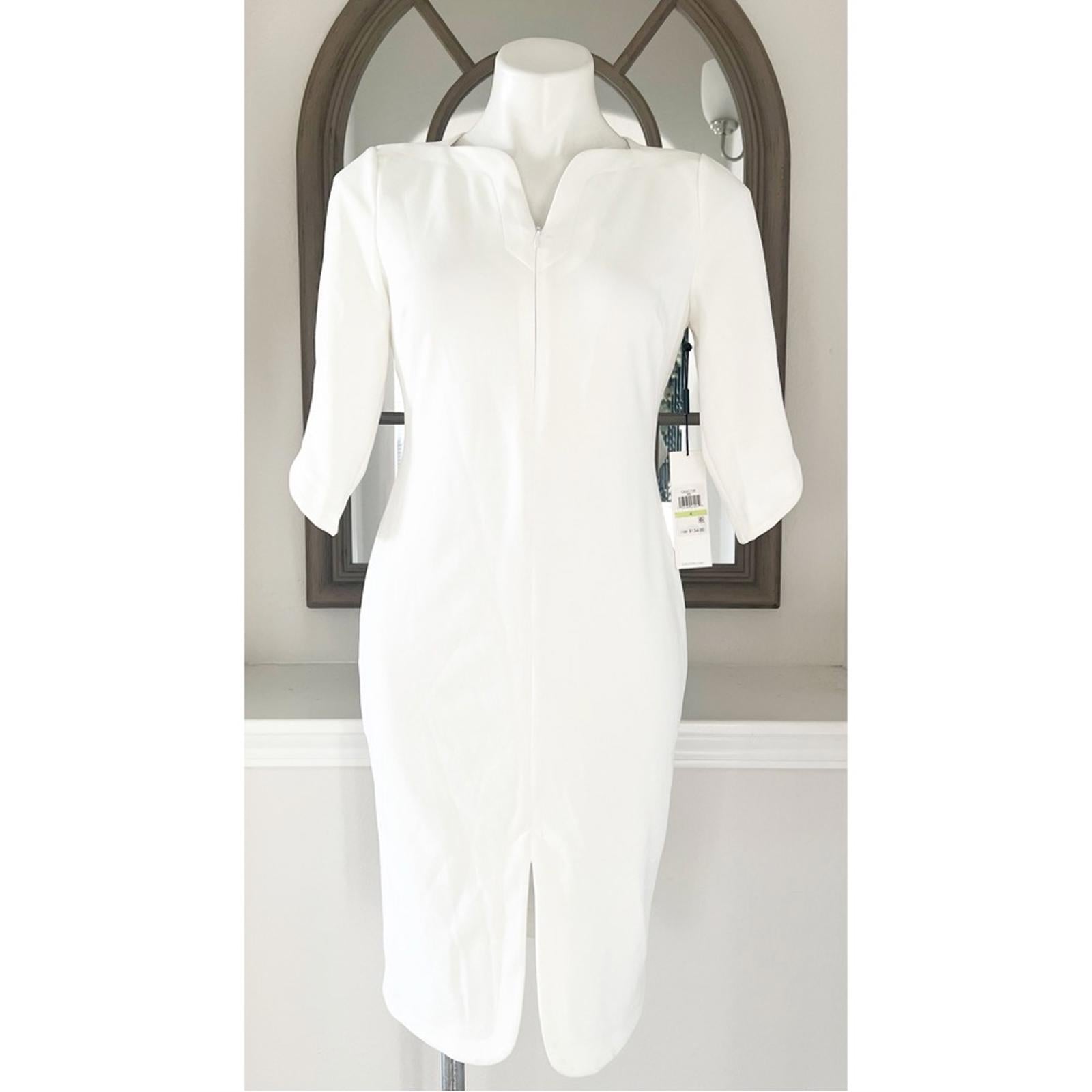 Calvin Klein WHITE Zippered 3/4 Sleeve V-Neck Midi Sheath Dress, Size 4 NWT $134
