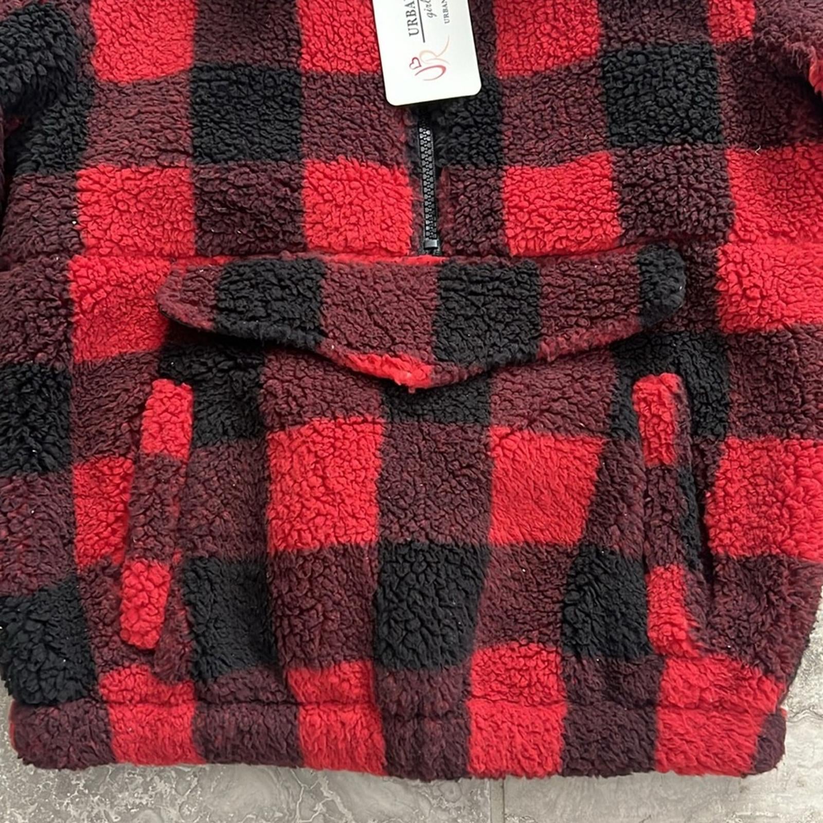 Urban Republic Half-Zip Faux Fur Jacket Girls' S(7/8) RedBlack Buffalo Check NWT