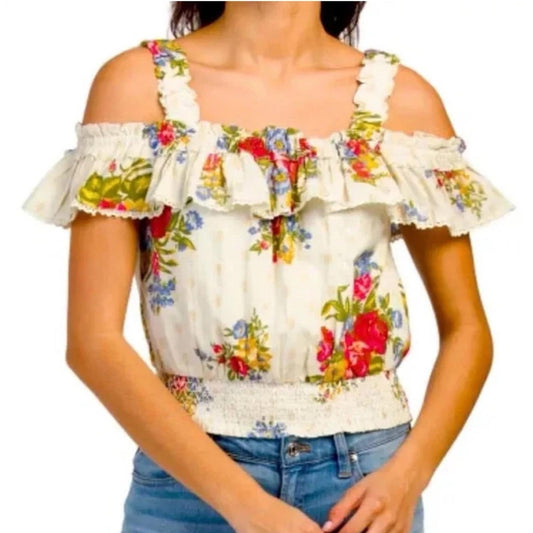 House of Harlow 1960 Helena Crop Top, Ivory Smocked, Ruffled Size M EXCELLENT!