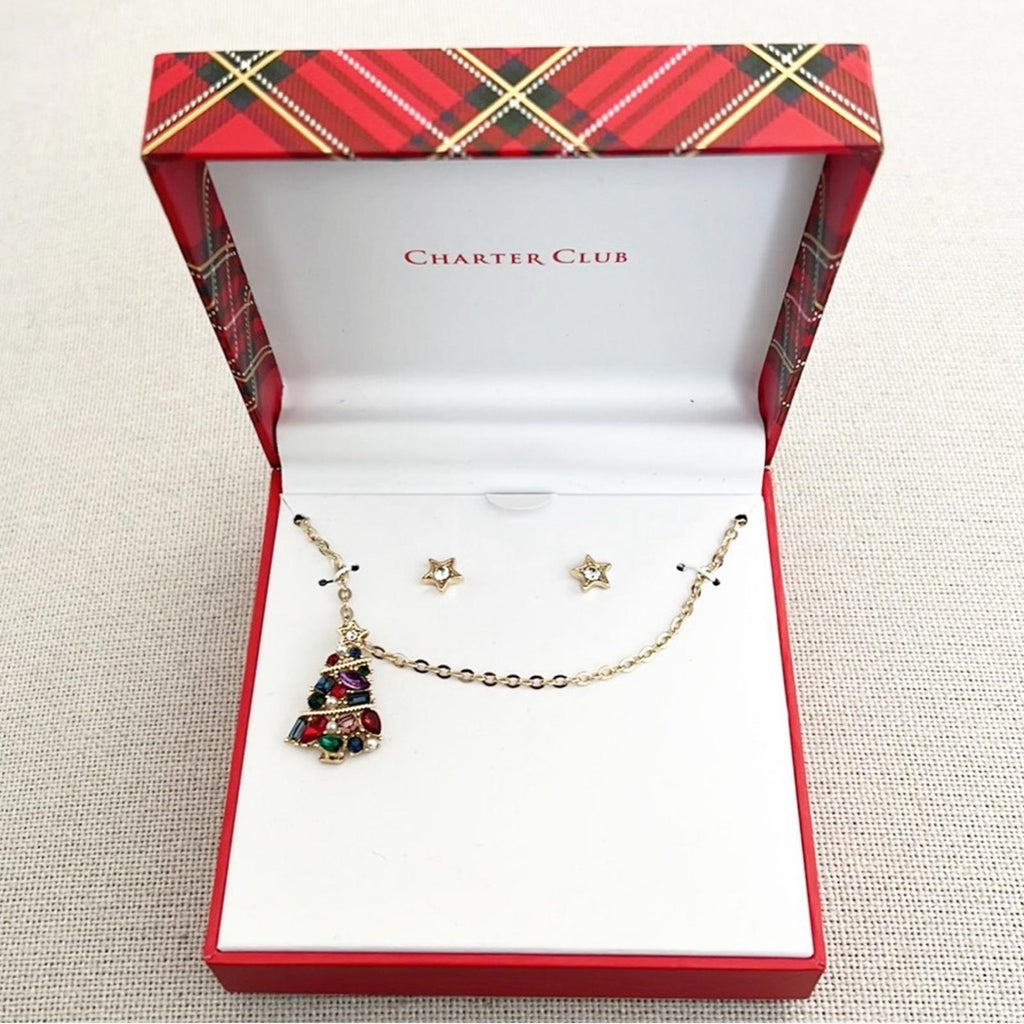 Charter Club Crystal & Faux Pearl Tree Pendant Necklace & Star Stud Earrings Set