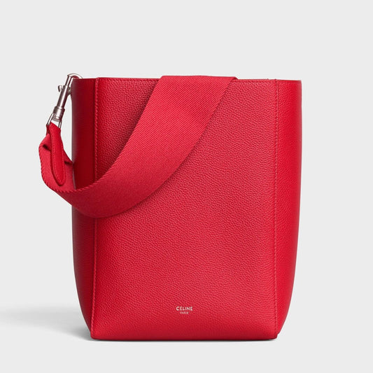 Celine Sangle Small Bucket Bag in Small Grain Calfskin in Red, Like NEW