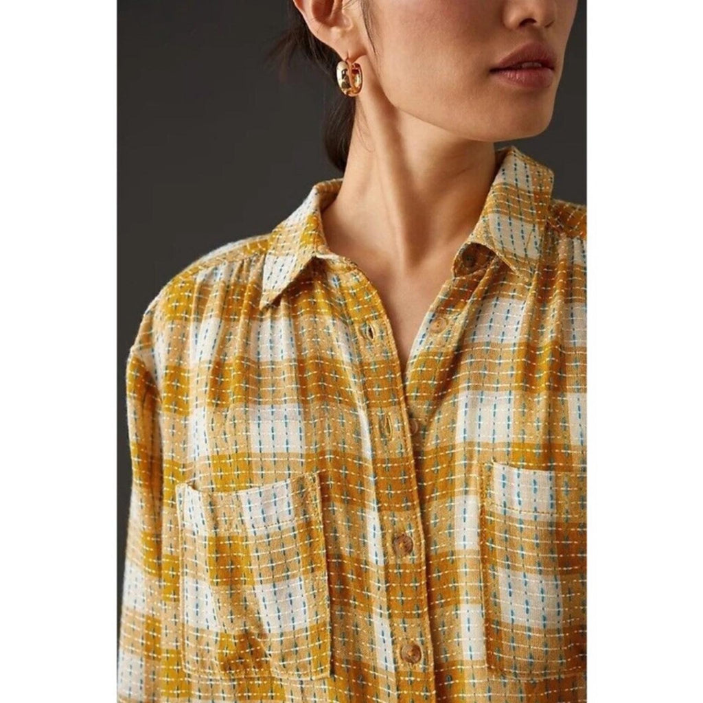 NEW Anthropologie’s Pilcro Yellow Motif Mustard Plaid Stitched Shirt Size XXS