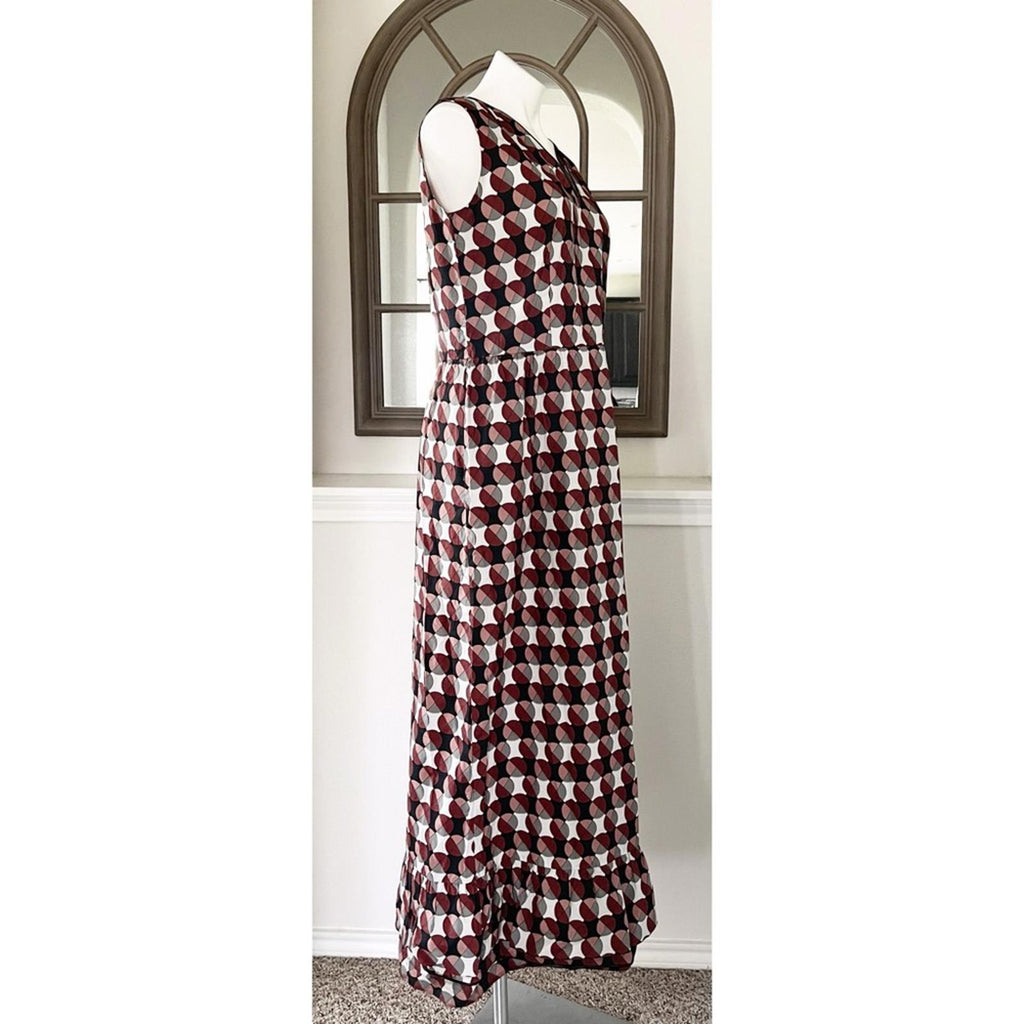 MARNI Geometric Print Tiered Dress w/Pockets & Leather Trim, Size 40 EXCELLENT!