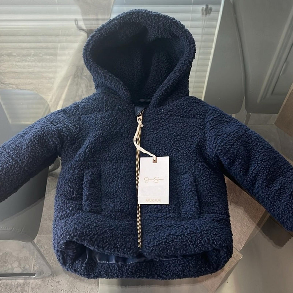 Jessica Simpson Navy Faux Shearling Hooded Jacket, Size 12 Months New w/Tag