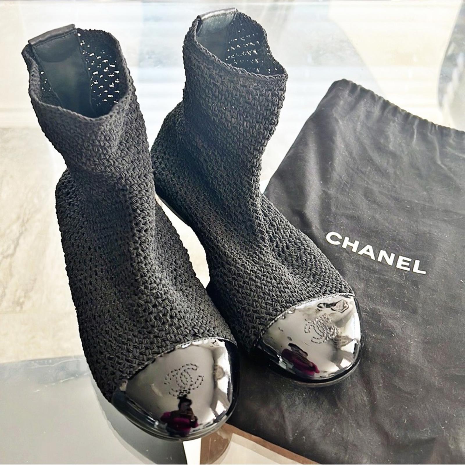Rare CHANEL Crochet Patent Leather Cap Toe Sock Booties in Black, Size 35