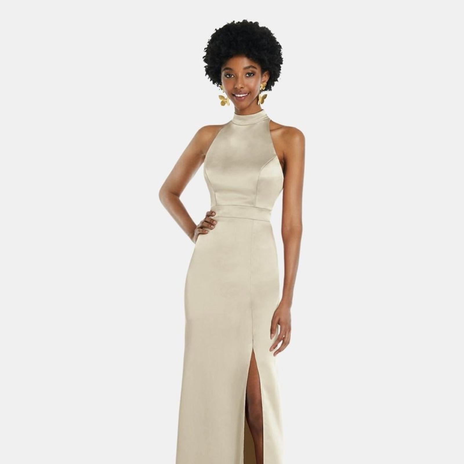 NEW Lovely High Neck Backless Maxi Dress With Slim Belt, Champagne Size 2, $242