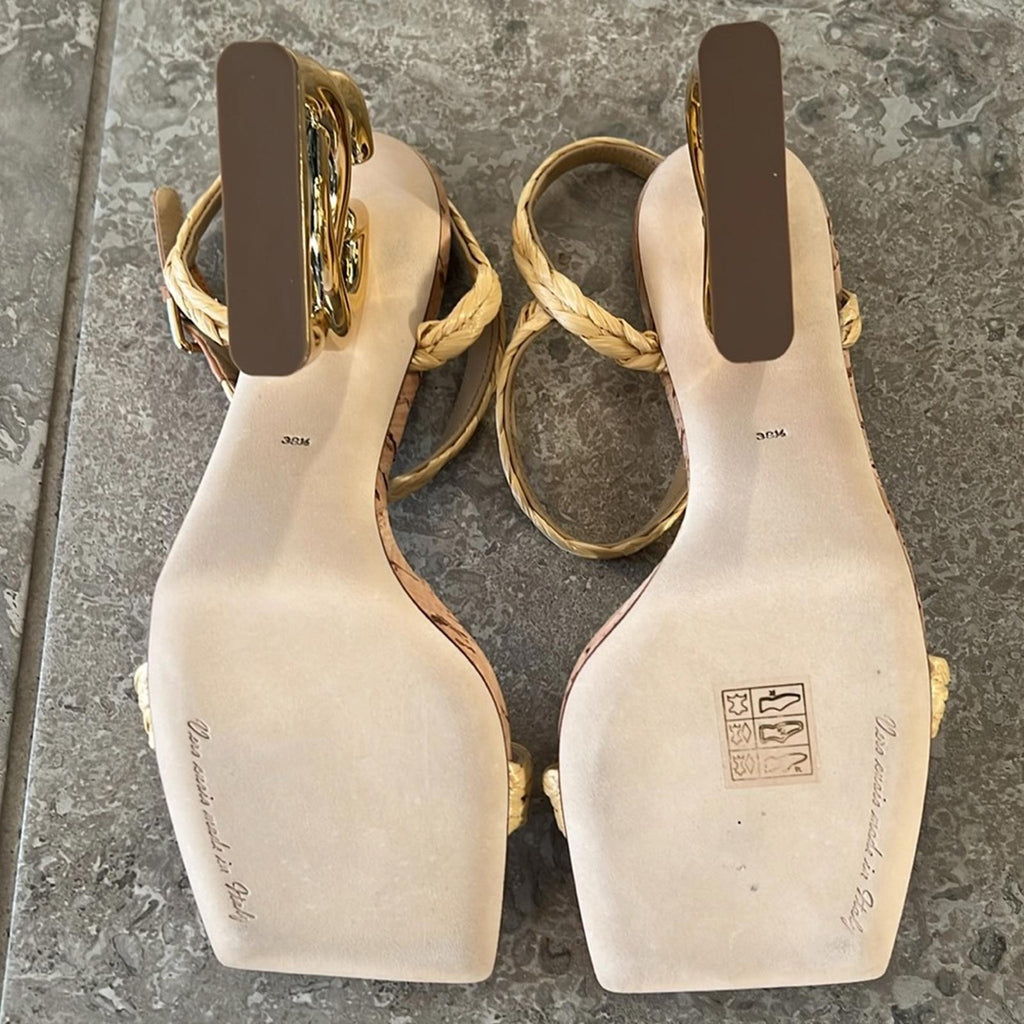 Dolce & Gabbana Logo Heel Ankle Strap Sandals in Gold Tan, New in Box