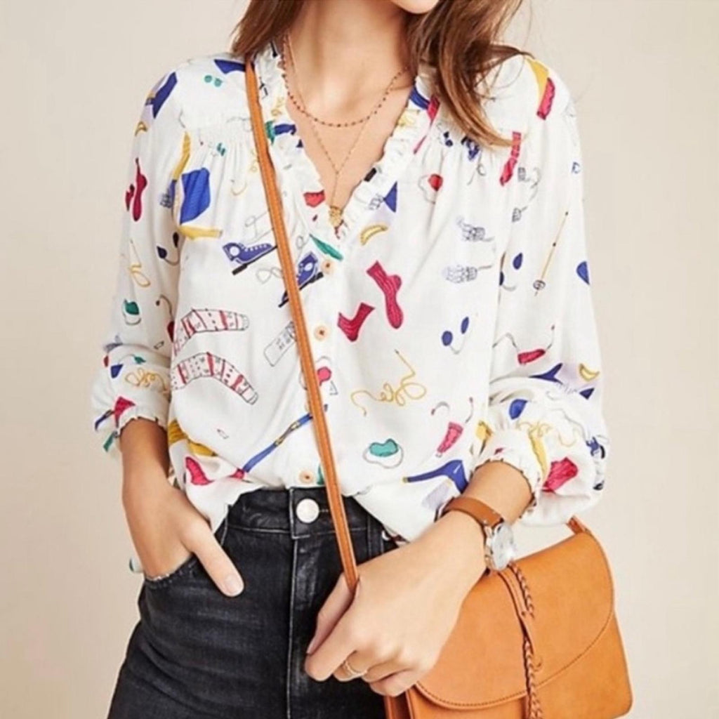 Anthropologie’s Maeve Marisol Ruffled Winter Ski Print Blouse, Size 8