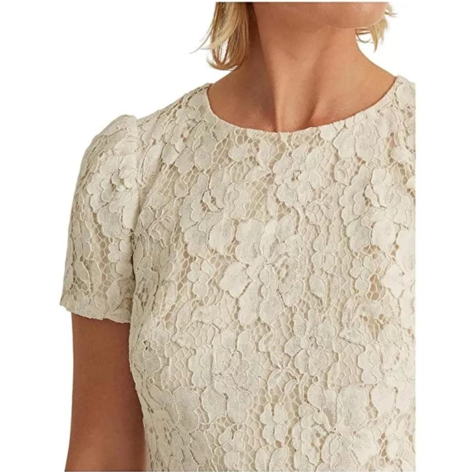 Lauren Ralph Lauren Puff-Sleeve Lace Cocktail Dress in Cream Size 10 NWT $225