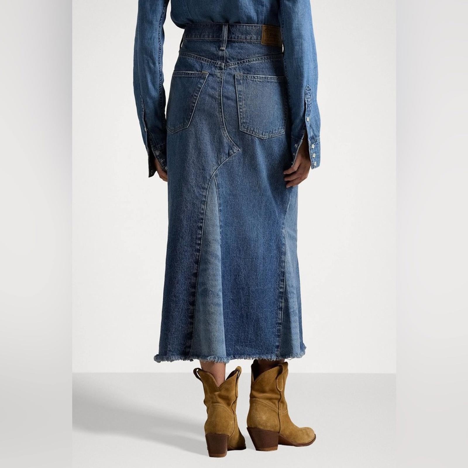 Polo Ralph Lauren Deconstructed Patchwork Denim Midi-Skirt in Blue, Size 28, NEW