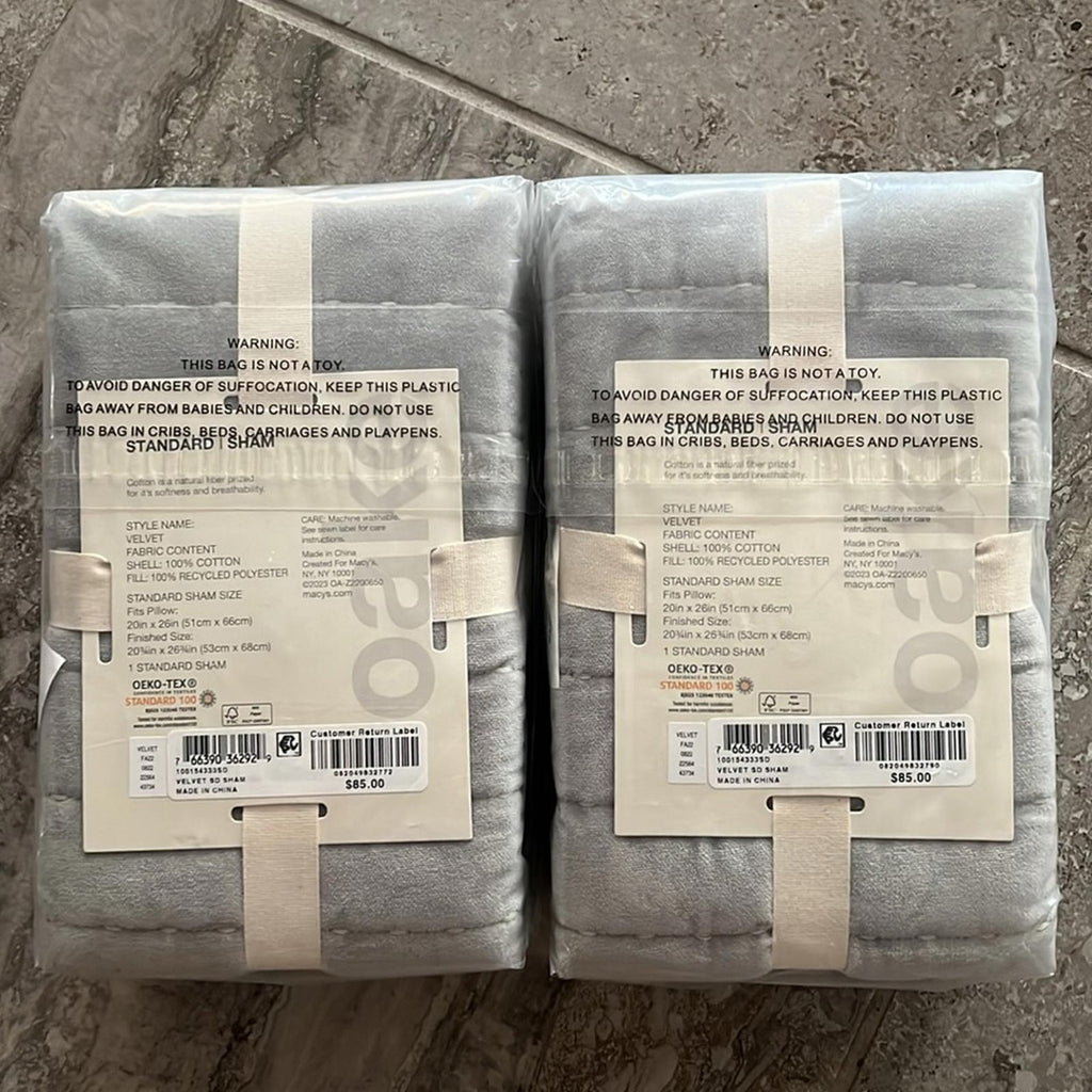 Two (2) OAKE Velvet Standard Shams, New with Tag Retail $170 @ $85/Each