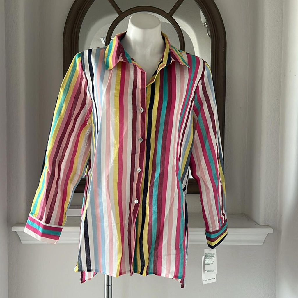 Lena Gabrielle Linen-Blend Summer Stripe Shirt, Size XL New w/Tag $120