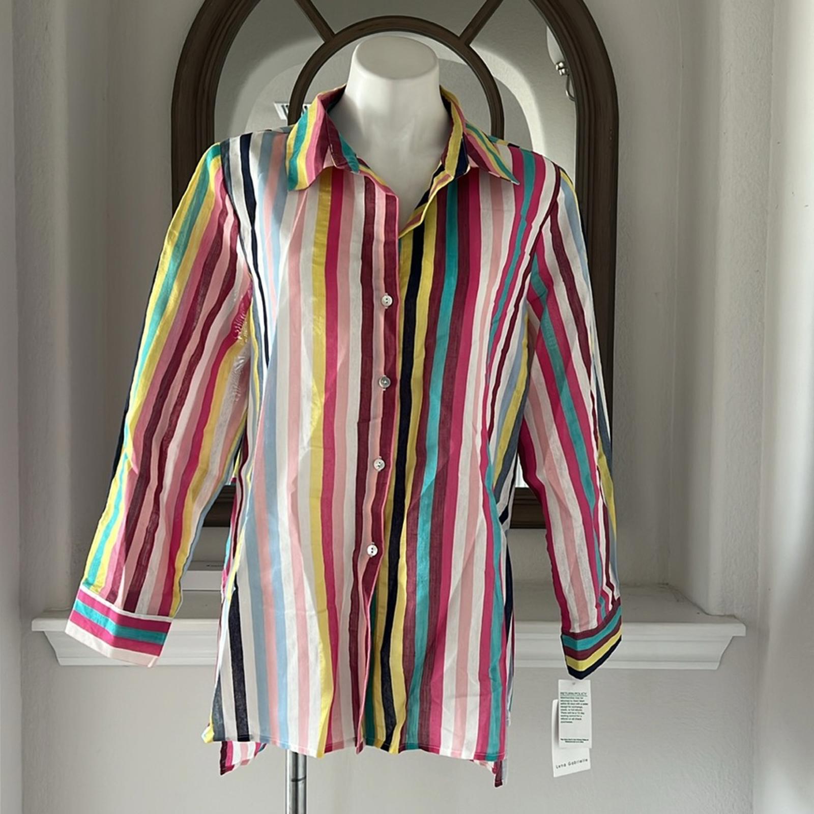 Lena Gabrielle Linen-Blend Summer Stripe Shirt, Size XL New w/Tag $120
