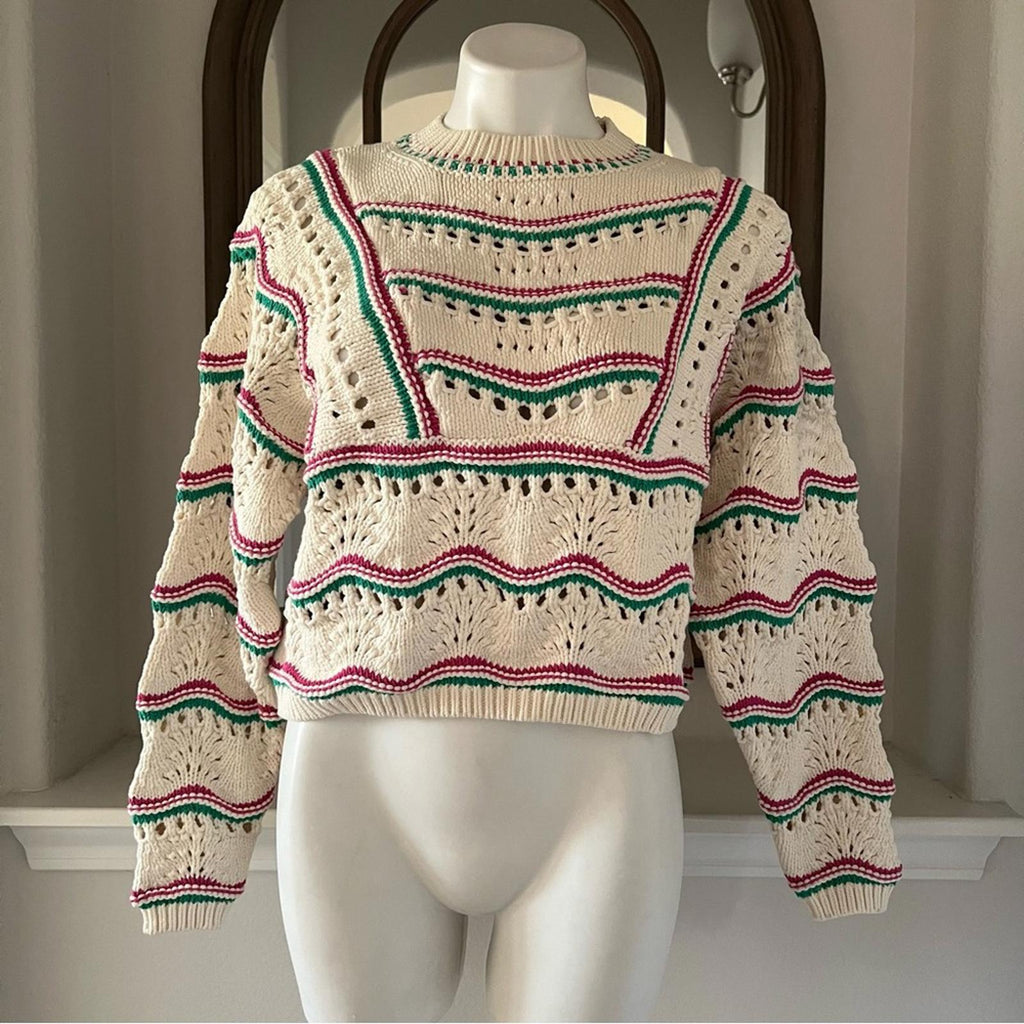 ba&sh Ecru Hicham Jumper Stripe Pointelle Sweater, Ivory Size XS Retail $336