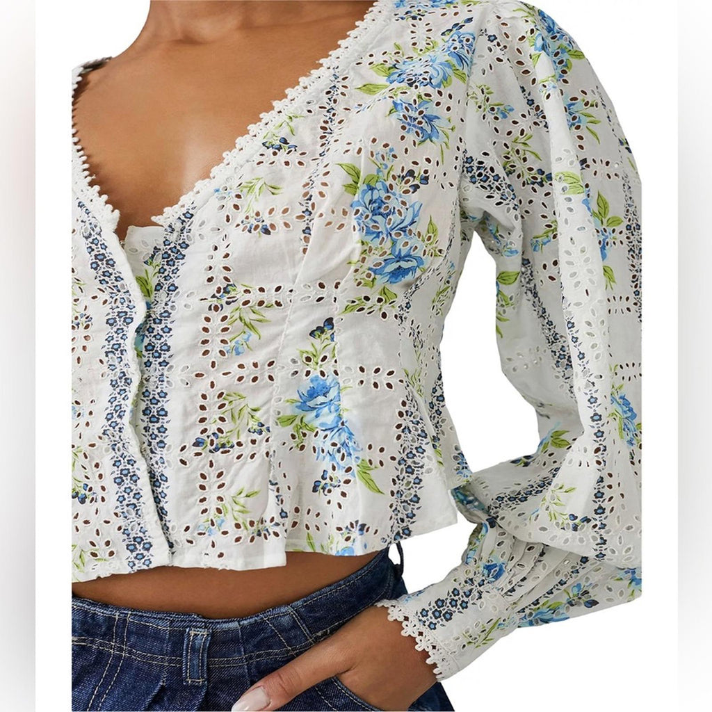 NWT Free People Blossom Cotton Eyelet Cropped Shirt Size M New w/Tag Retail $128