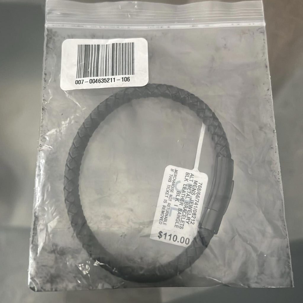 Macy’s Black Leather Bangle Bracelet in Stainless Steel New w/Tag Retail $110