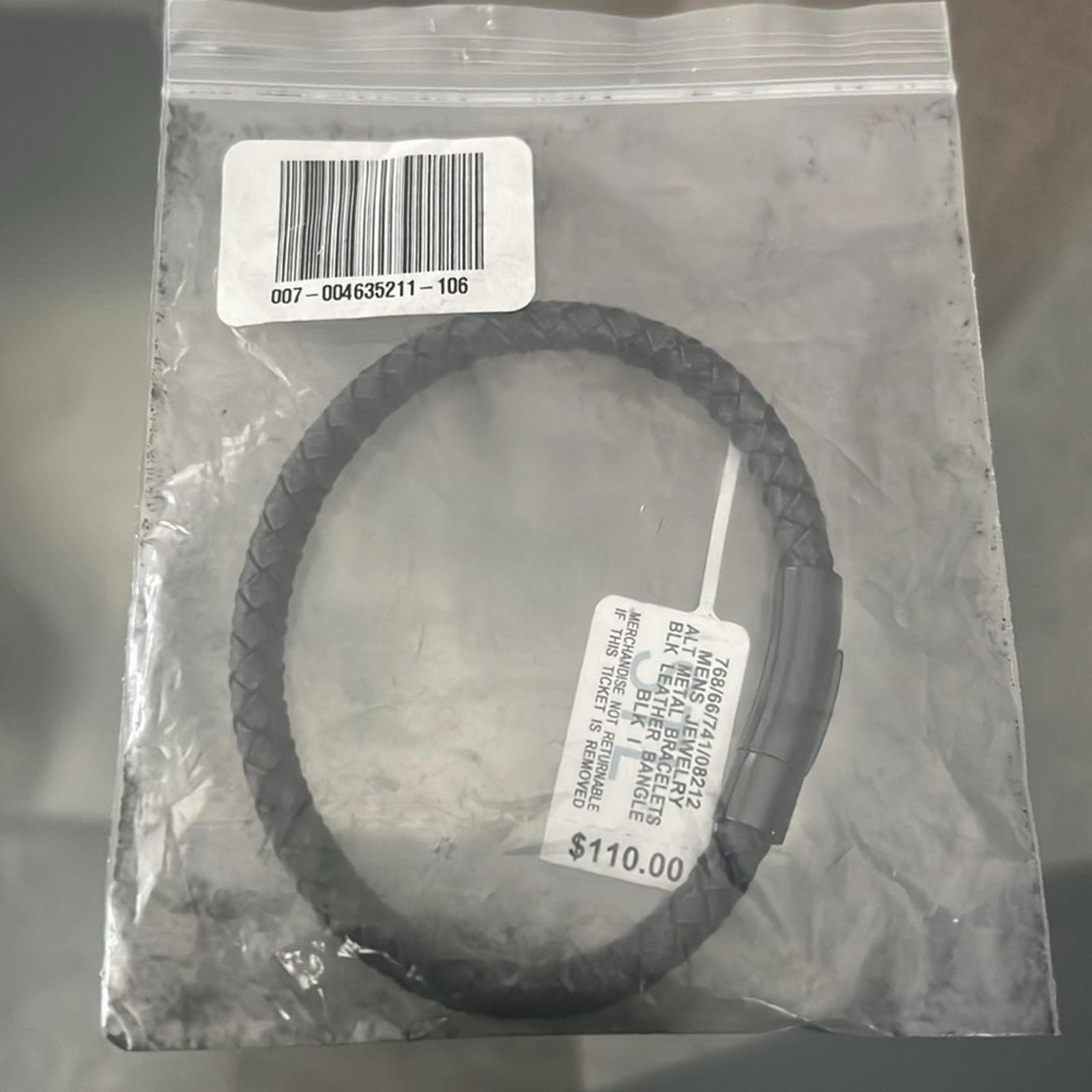 Macy’s Black Leather Bangle Bracelet in Stainless Steel New w/Tag Retail $110