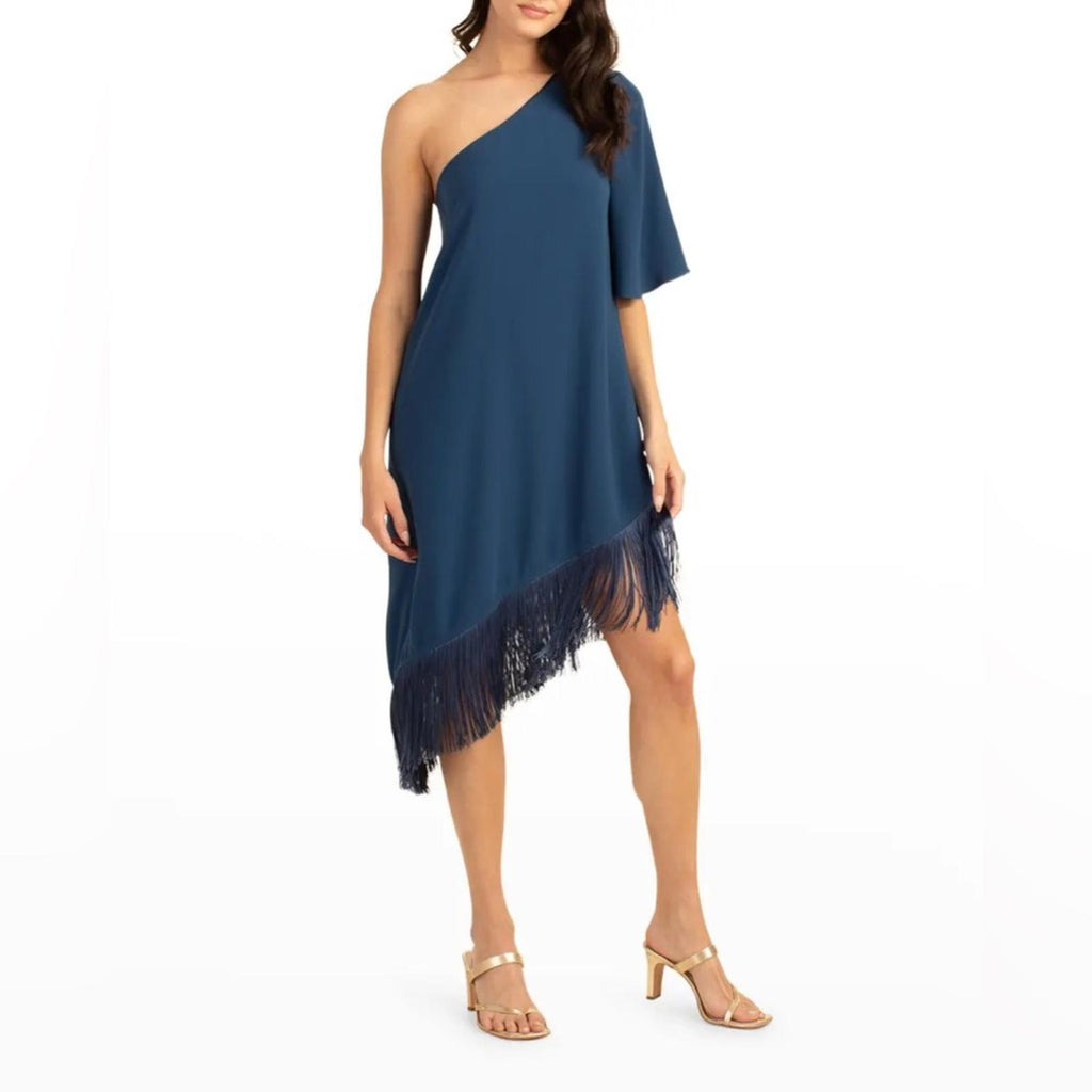 Trina Turk Gull One-Shoulder Asymmetric Fringed Dress in Denim, Size S New w/Tag
