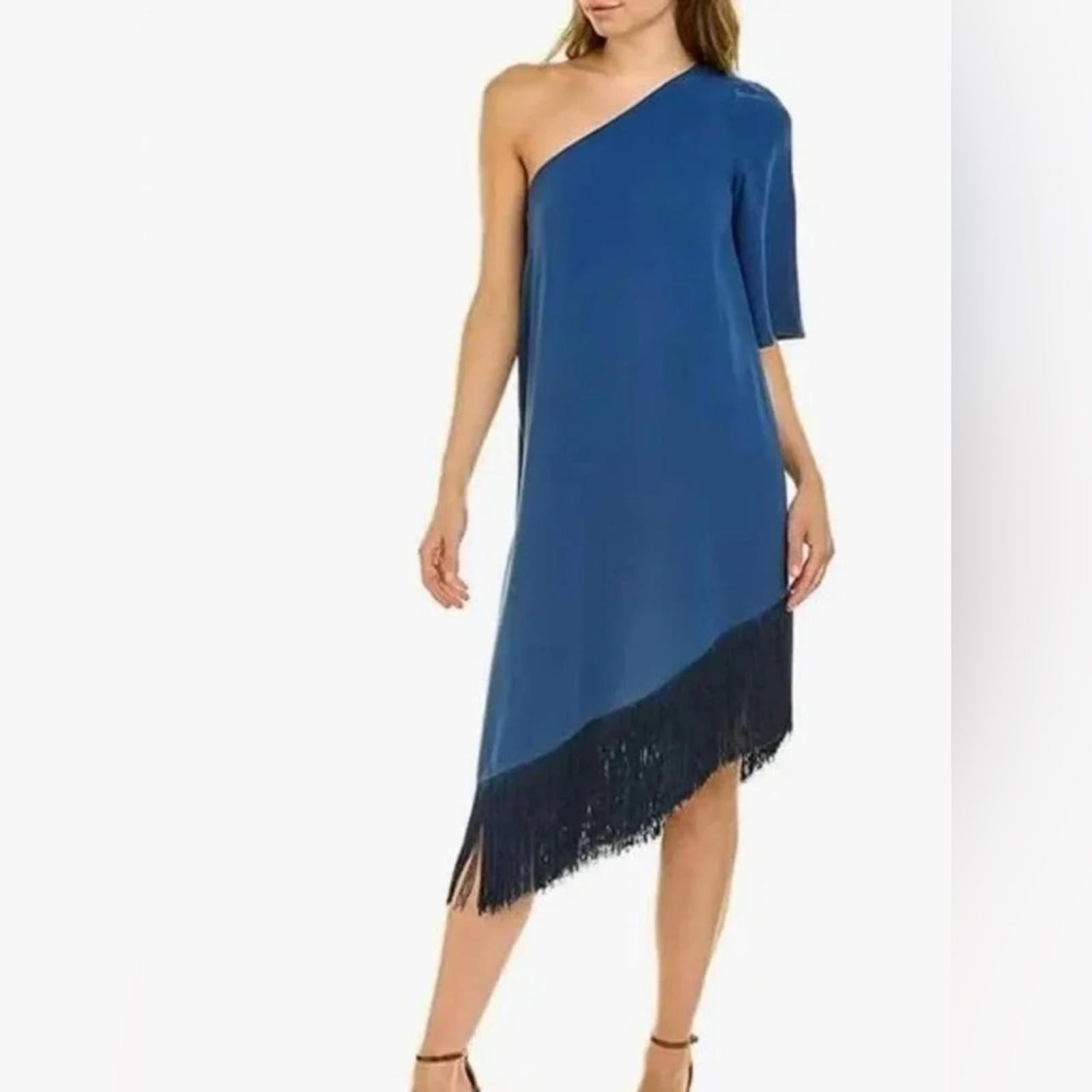Trina Turk Gull One-Shoulder Fringe-Hem Dress, Size L New w/Tag