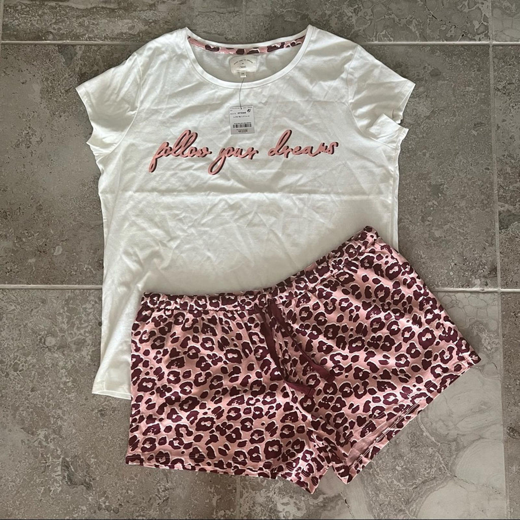 Next 2-Pc Pajama Set Follow Your Dreams Top & Shorts Animal Print Size L NWT