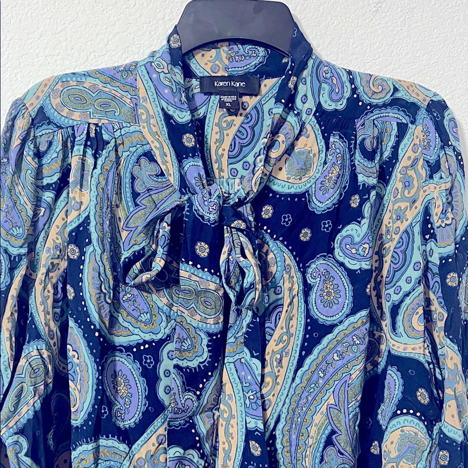 Karen Kane Long Sleeve Paisley Print Bow Neck Blouse, Size XL NEW w/Tag $168
