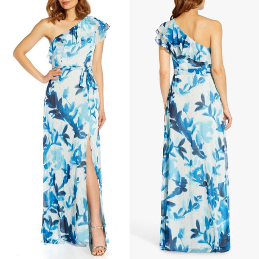 Adrianna Papell One Shoulder Floral Belted Maxi Evening Dress, Size 2 NWT $229