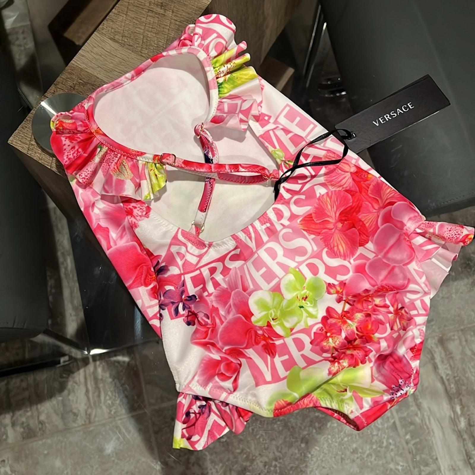 Versace Girls' Orchid & Logo Print Swimsuit - Size 36 Months New w/Tag