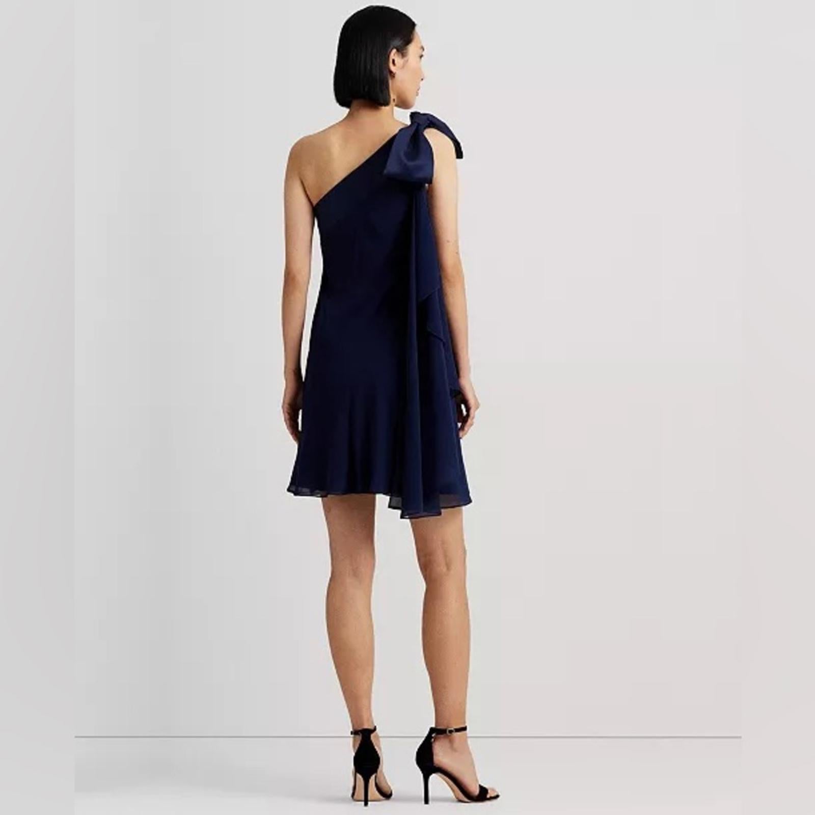 Lauren Ralph Lauren One-Shoulder Satin-Trim Dress in Navy, Size 2, NEW