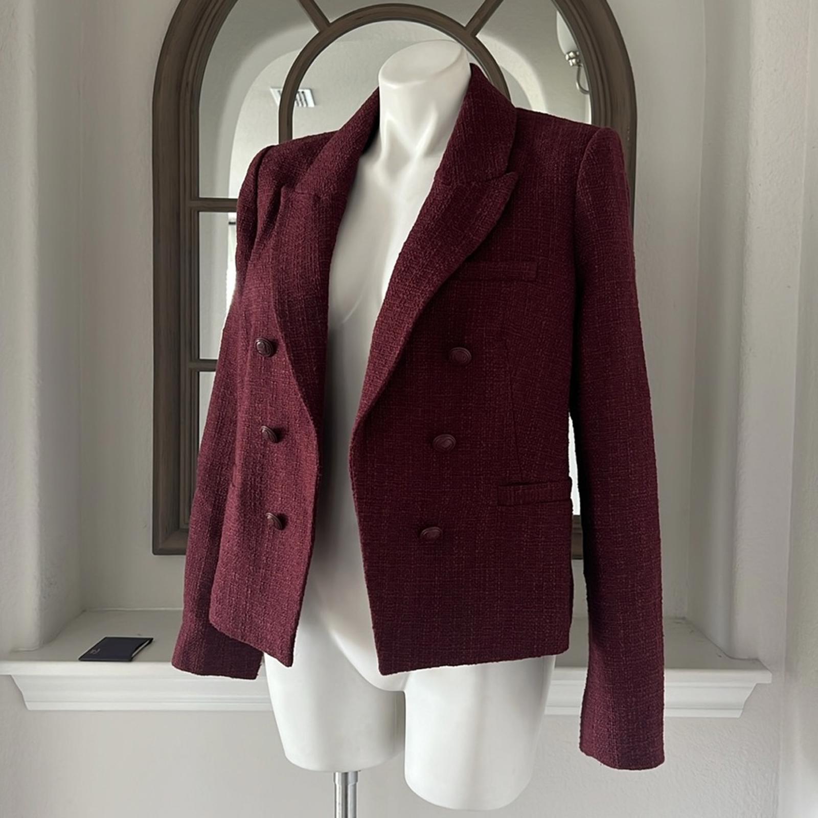 ELIE TAHARI Double Breasted Tweed Blazer in Burgundy, Size L Retail $495