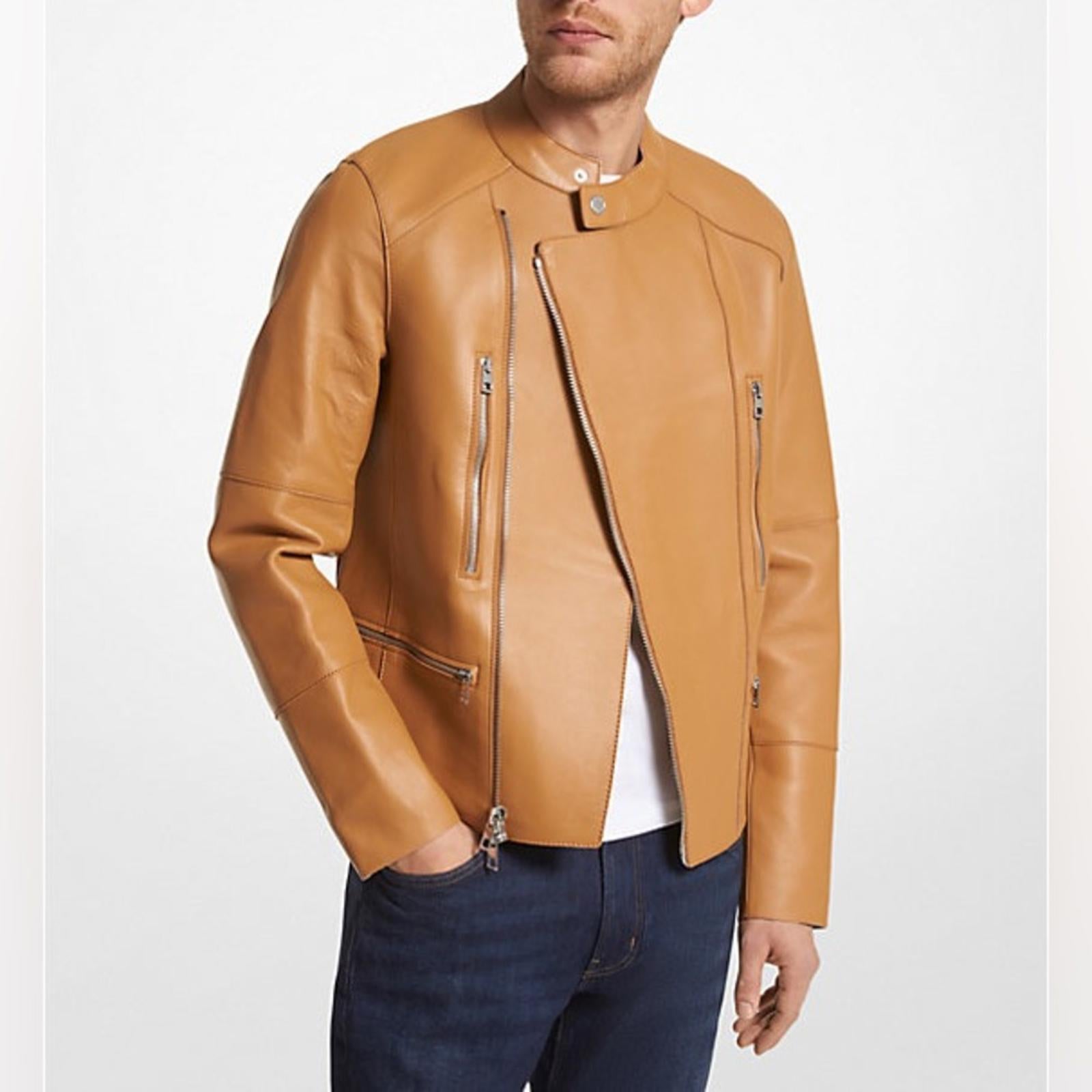 Michael Kors Men’s Nappa Leather Moto Jacket in Tan, NWT Size L $898