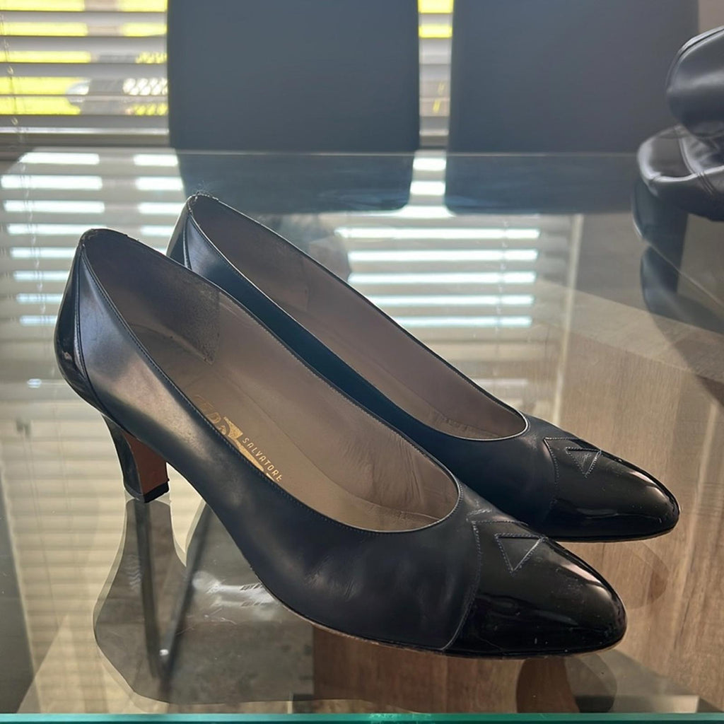 Salvatore Ferragamo Leather Block Heel Shoes, (Made in Italy) Size 10